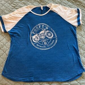Women’s Biker Blue Top with white Trim from Poopys Biker bar in Savannah IL